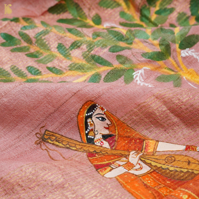 Petite Orchid Ghicha Tussar Banarasi Silk Hand Painted Saree - Khinkhwab