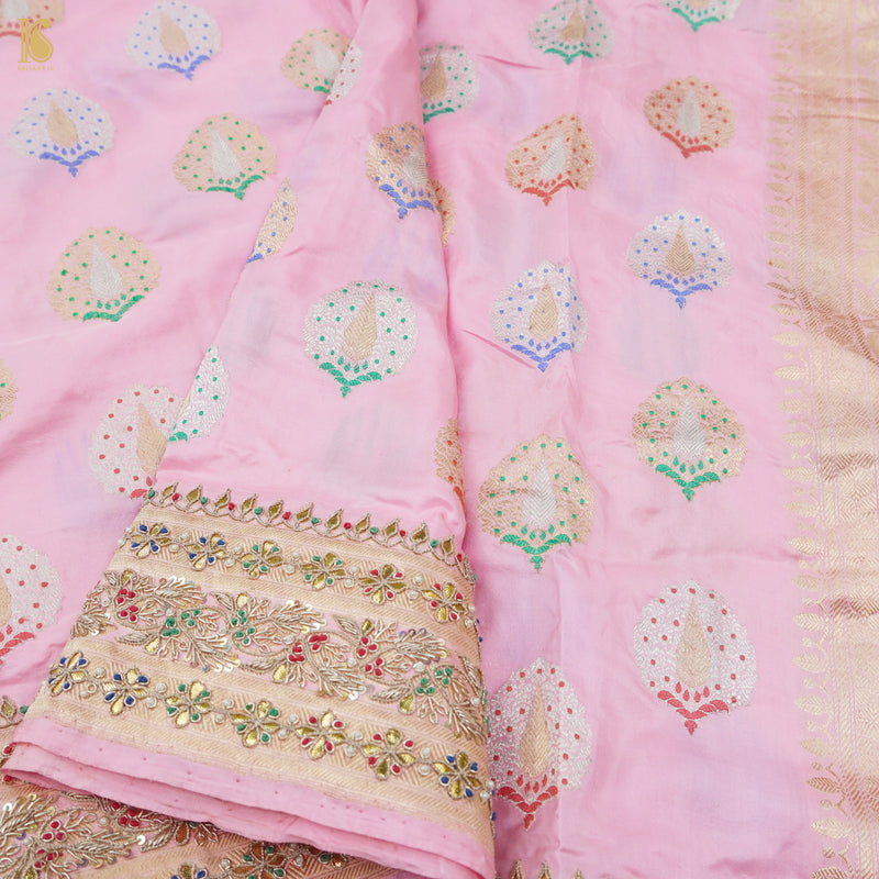 Twilight Pink Handwoven Banarasi Silk Mor Boota Embroidery Border Kadwa Saree - Khinkhwab