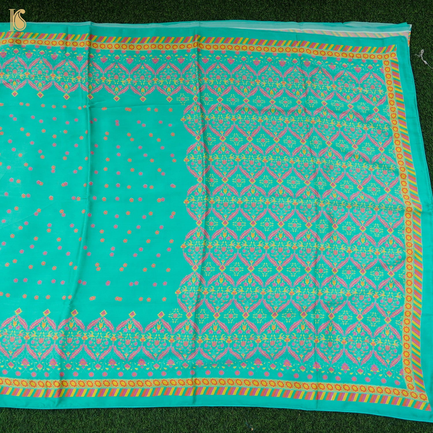 NERGİS - Turquoise Blue Pure Sateen Silk Print Saree - Khinkhwab