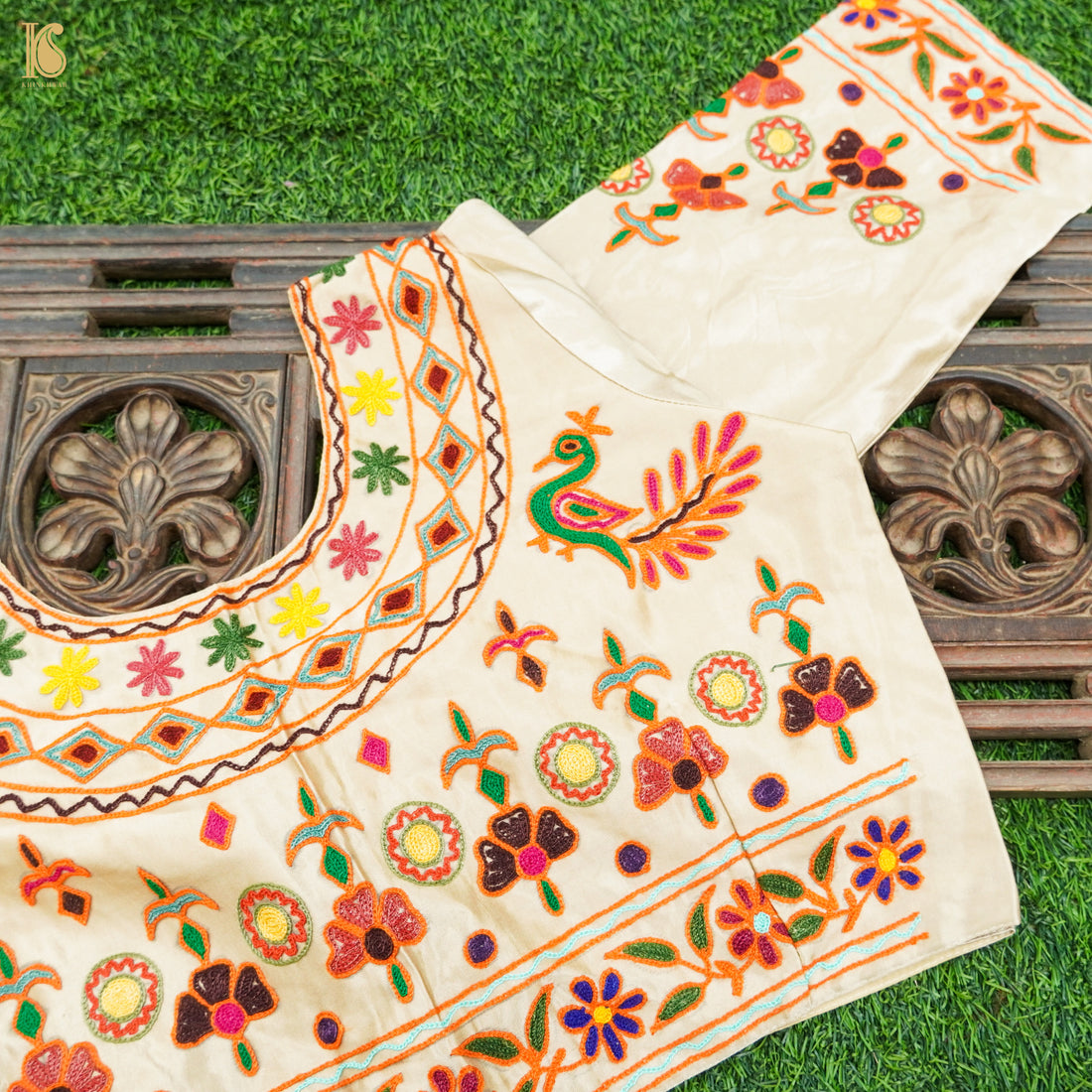 White Pure Mashru Silk Stitched Blouse with Kutchi Embriodery - Khinkhwab