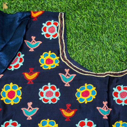 Midnight Blue Pure Mashru Silk Stitched Blouse with Kutchi Embriodery - Khinkhwab