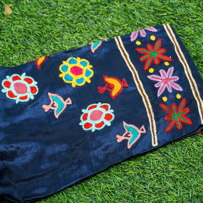 Midnight Blue Pure Mashru Silk Stitched Blouse with Kutchi Embriodery - Khinkhwab