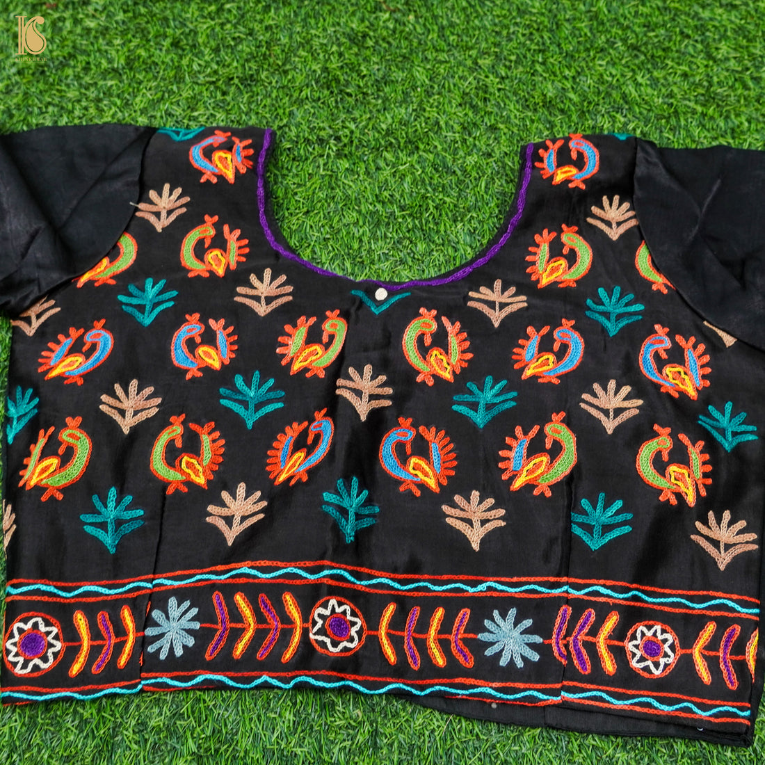 Jaguar Black Pure Mashru Silk Stitched Blouse with Kutchi Embriodery - Khinkhwab