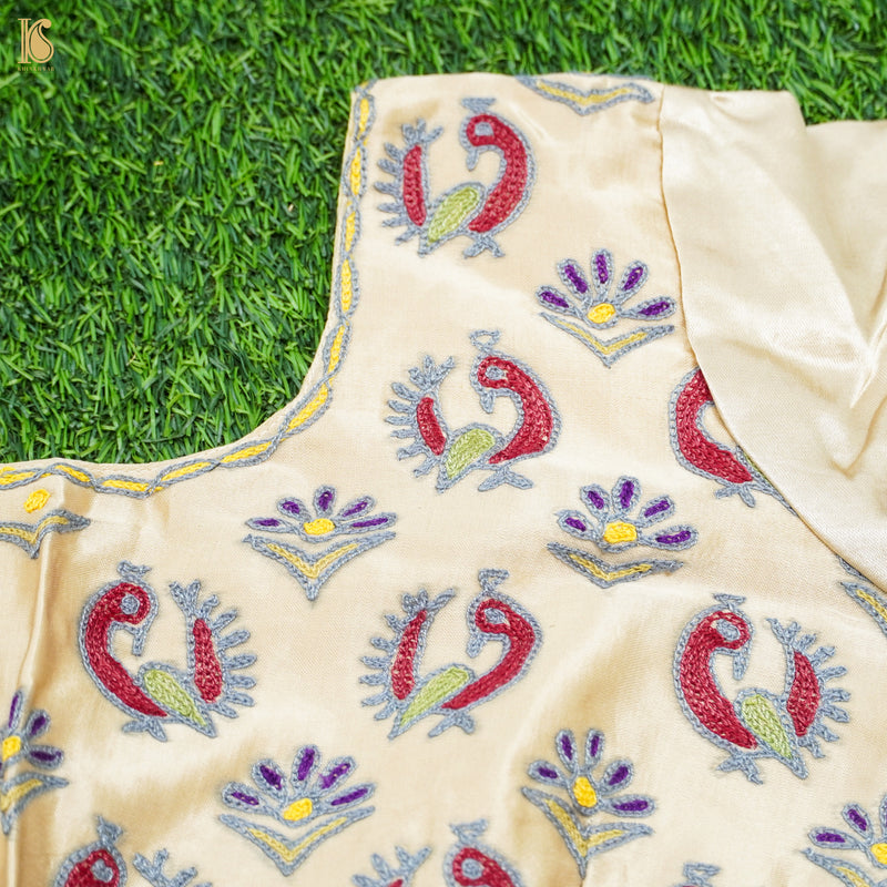 White Pure Mashru Silk Stitched Blouse with Kutchi Embriodery - Khinkhwab