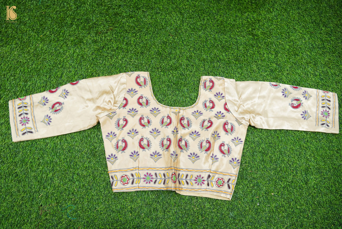 White Pure Mashru Silk Stitched Blouse with Kutchi Embriodery - Khinkhwab