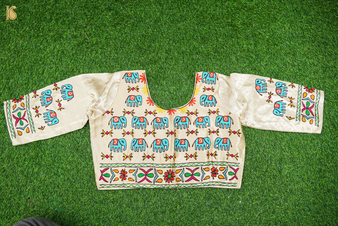Pearl White Pure Mashru Silk Stitched Blouse with Kutchi Embriodery - Khinkhwab
