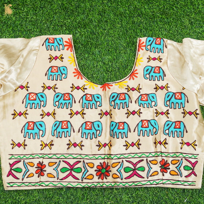 Pearl White Pure Mashru Silk Stitched Blouse with Kutchi Embriodery - Khinkhwab