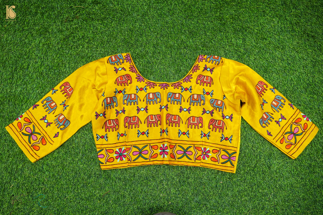 Golden Poppy Yellow Pure Mashru Silk Elephant Stitched Blouse with Kutchi Embriodery - Khinkhwab