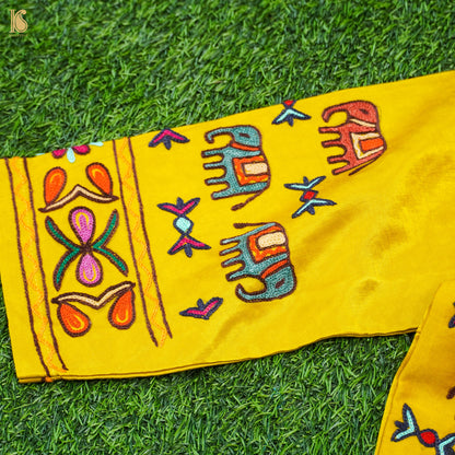 Golden Poppy Yellow Pure Mashru Silk Elephant Stitched Blouse with Kutchi Embriodery - Khinkhwab