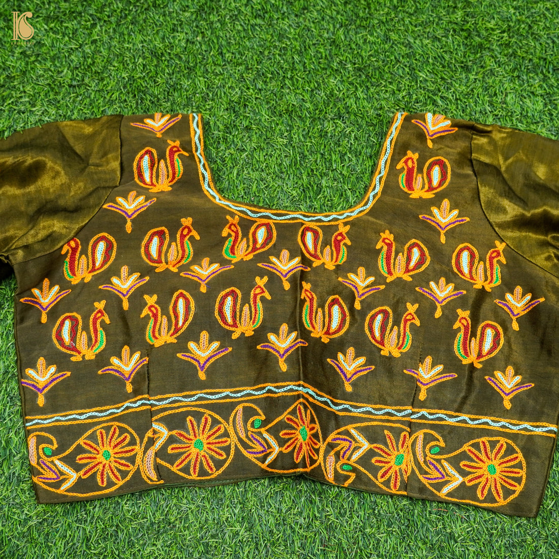 Madras Green Pure Mashru Silk Peacock Stitched Blouse with Kutchi Embriodery - Khinkhwab