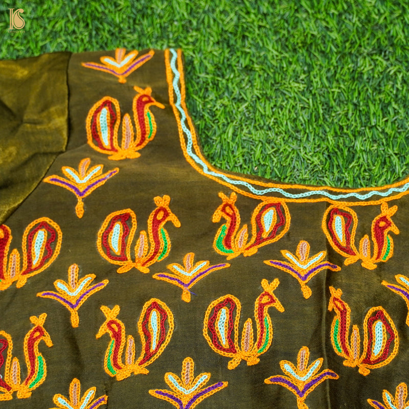 Madras Green Pure Mashru Silk Peacock Stitched Blouse with Kutchi Embriodery - Khinkhwab