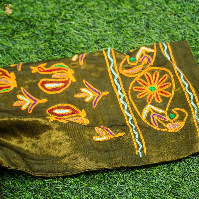 Madras Green Pure Mashru Silk Peacock Stitched Blouse with Kutchi Embriodery - Khinkhwab