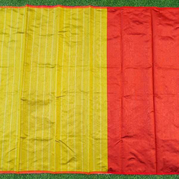 Handwoven Confetti Yellow & Red Pure Chanderi Silk Stripes Saree - Khinkhwab