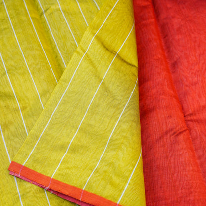 Handwoven Confetti Yellow &amp; Red Pure Chanderi Silk Stripes Saree - Khinkhwab