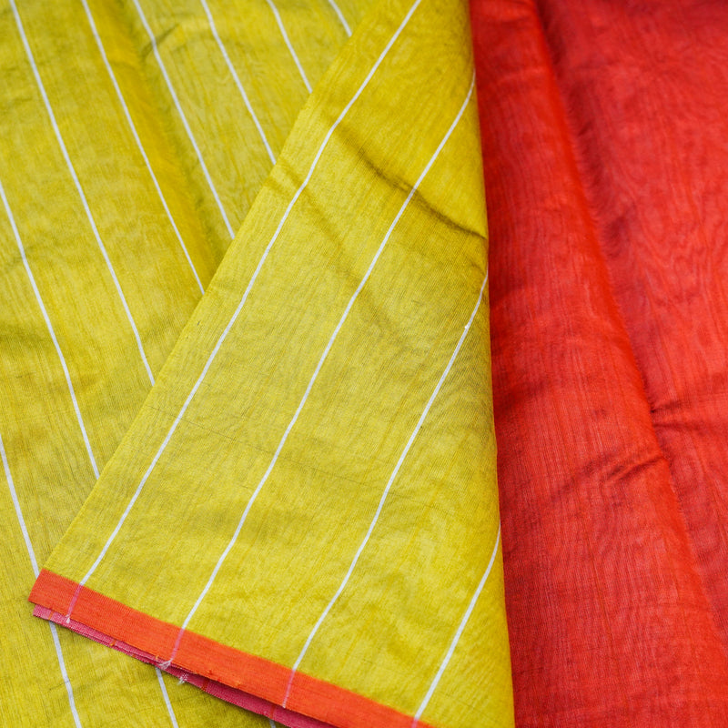 Handwoven Confetti Yellow & Red Pure Chanderi Silk Stripes Saree - Khinkhwab