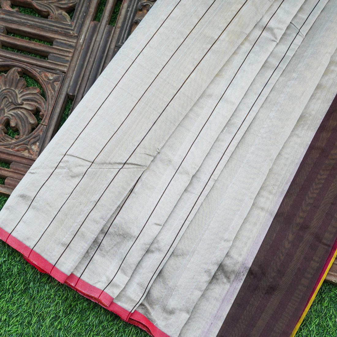 Handwoven Silver & Mustard Pure Chanderi Silk Stripes Saree - Khinkhwab