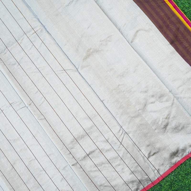 Handwoven Silver & Mustard Pure Chanderi Silk Stripes Saree - Khinkhwab