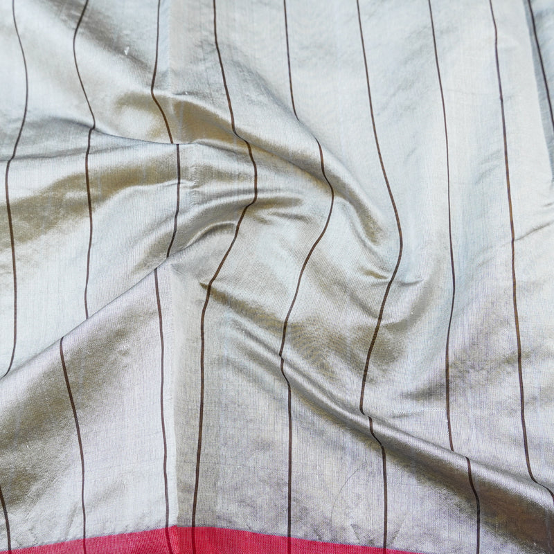 Handwoven Silver & Mustard Pure Chanderi Silk Stripes Saree - Khinkhwab