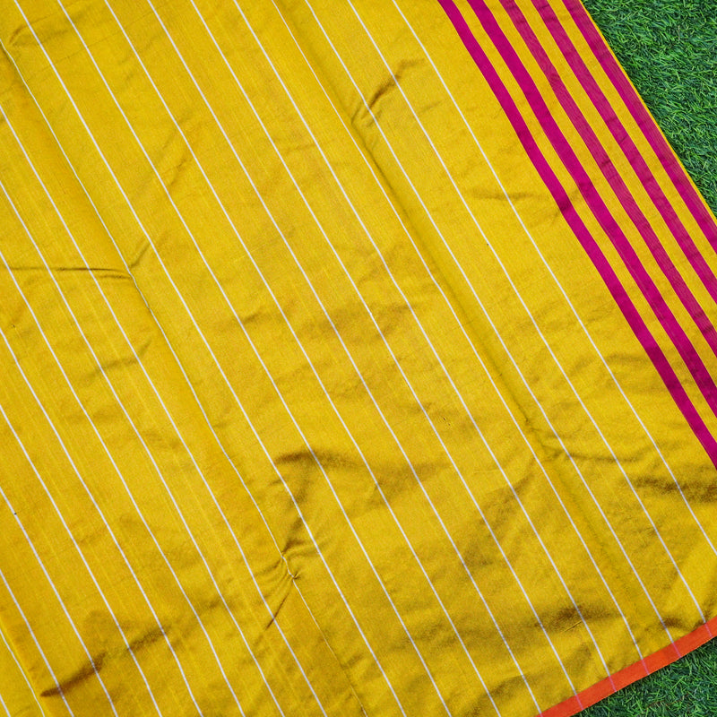 Handwoven Silver & Mustard Pure Chanderi Silk Stripes Saree - Khinkhwab