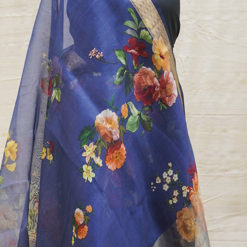 Pure Organza Silk Floral Print Banarasi Border Saree - Khinkhwab