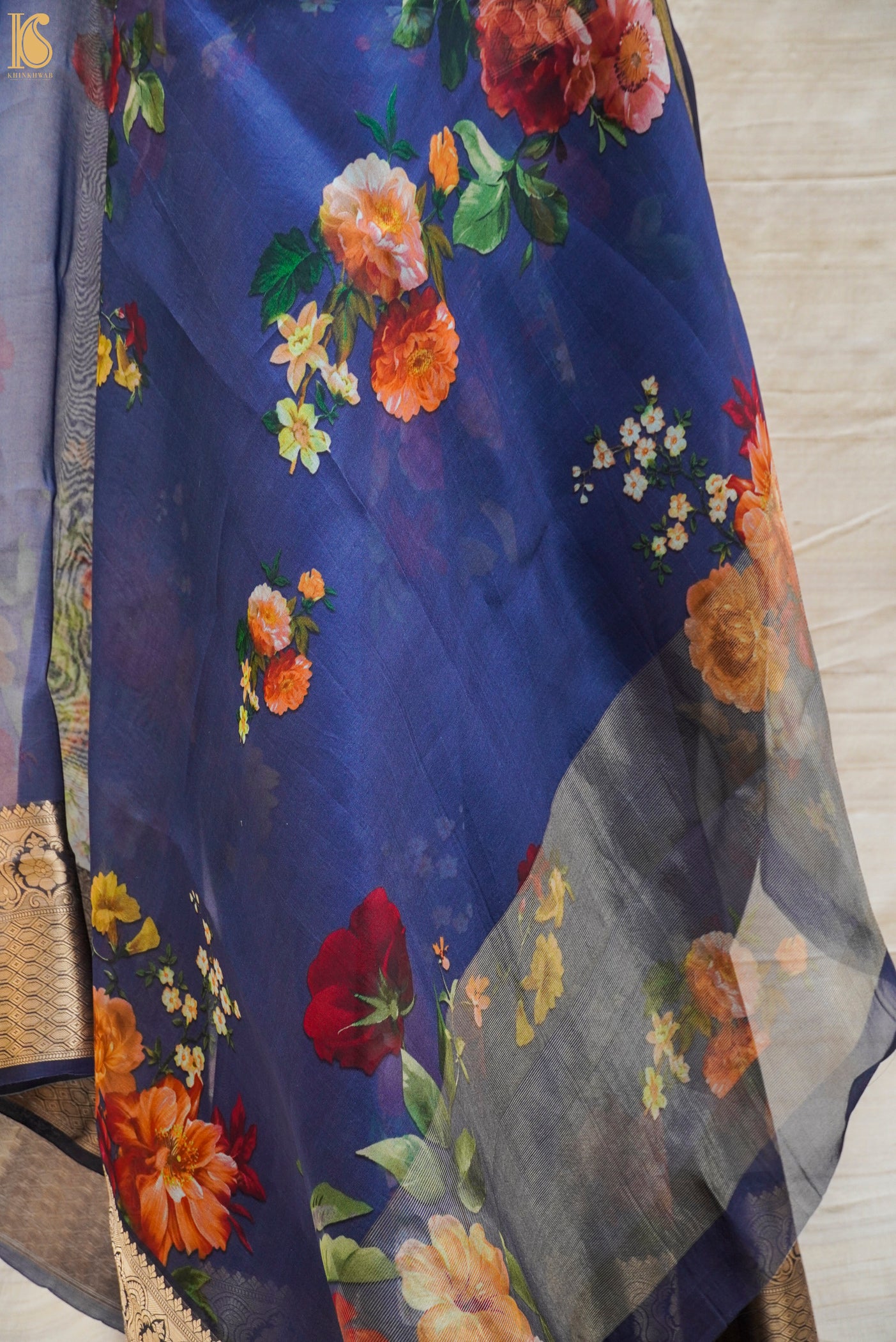 Pure Organza Silk Floral Print Banarasi Border Saree - Khinkhwab