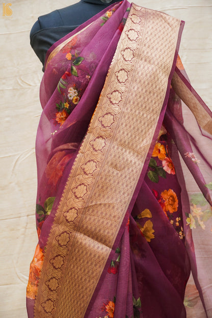 Mehroon Pure Organza Silk Floral Print Banarasi Border Saree - Khinkhwab