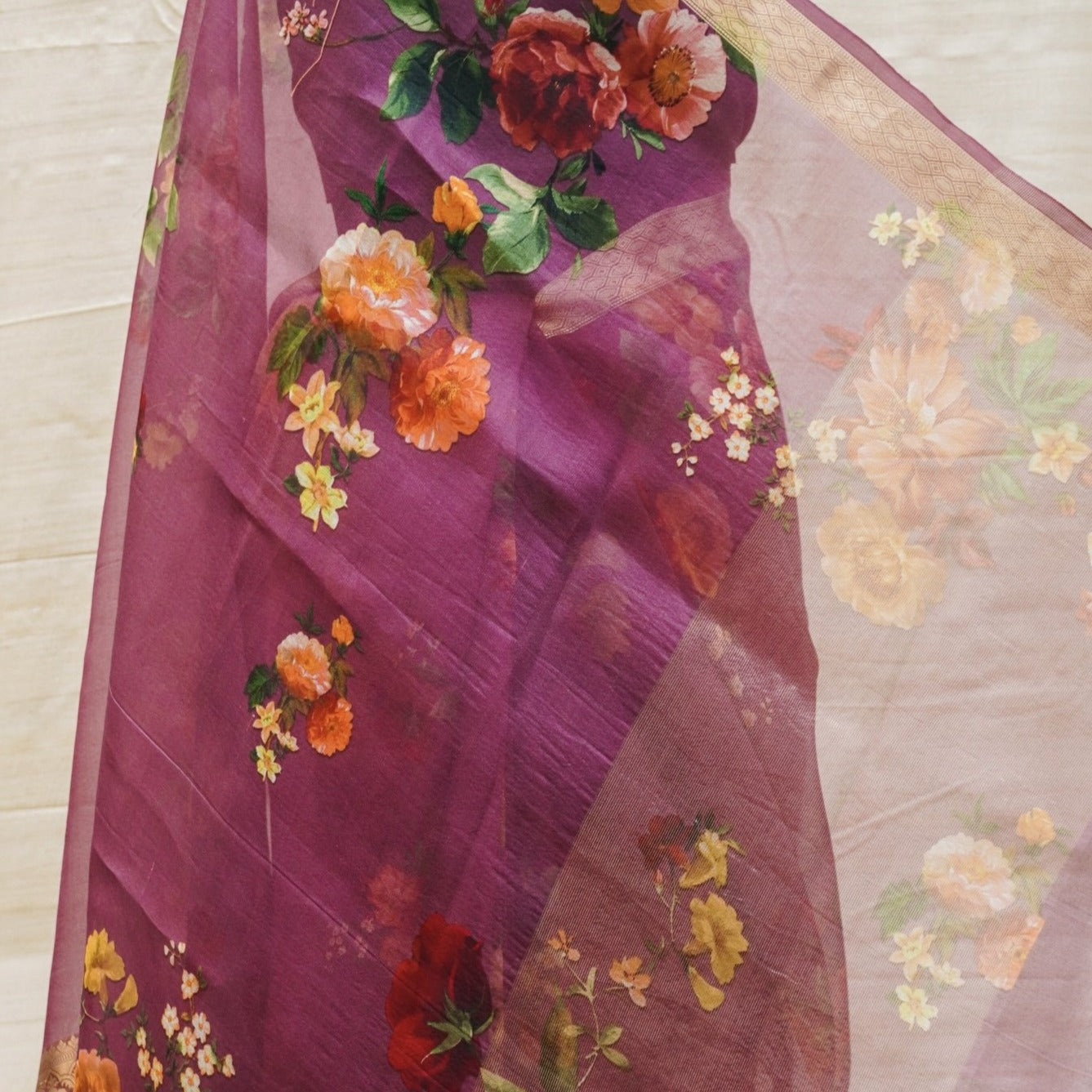 Mehroon Pure Organza Silk Floral Print Banarasi Border Saree - Khinkhwab