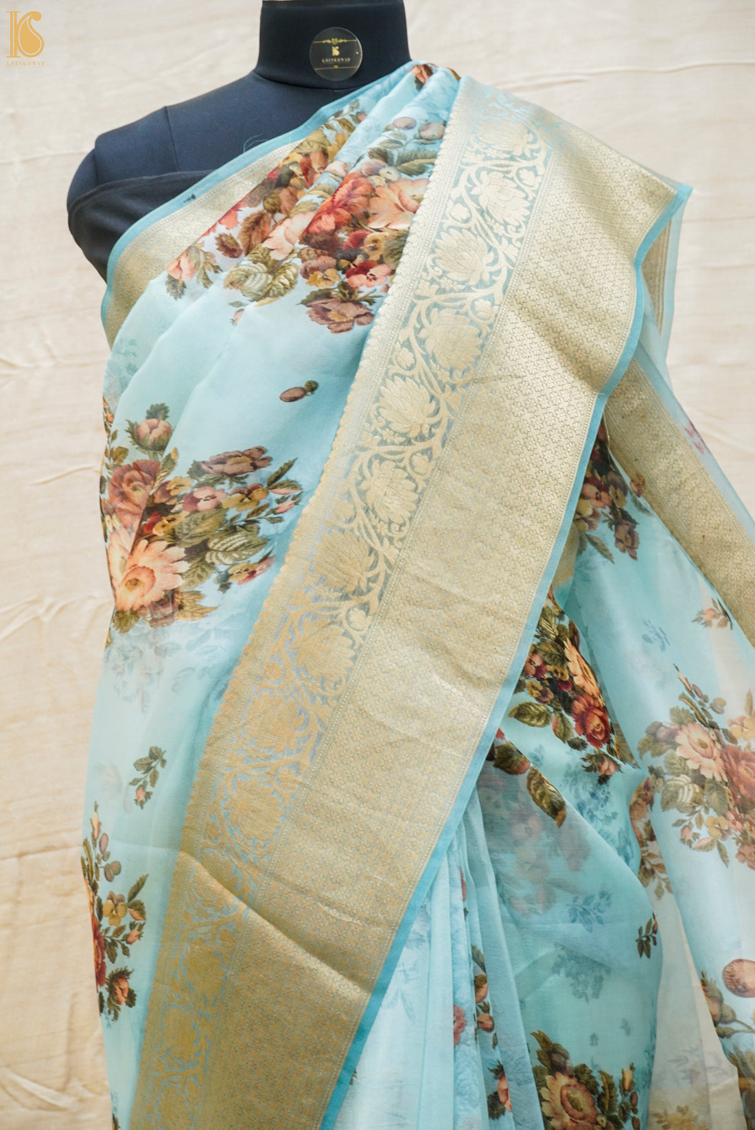 Light Blue Pure Organza Silk Floral Print Banarasi Border Saree - Khinkhwab