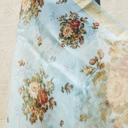 Light Blue Pure Organza Silk Floral Print Banarasi Border Saree - Khinkhwab