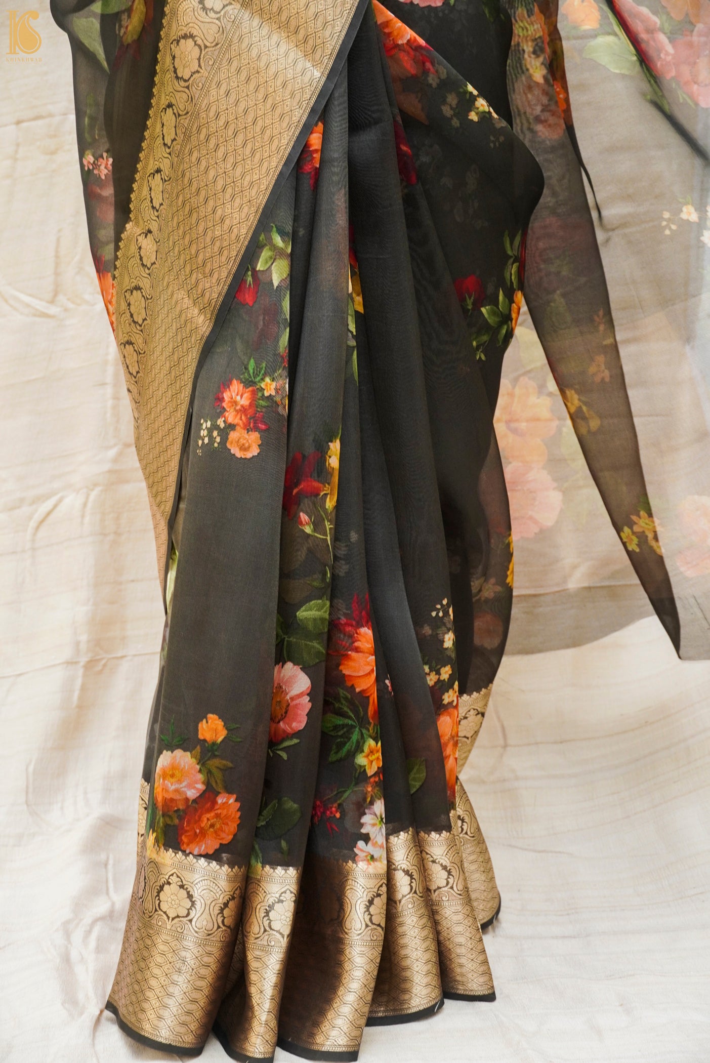 Black Pure Organza Silk Floral Print Banarasi Border Saree - Khinkhwab