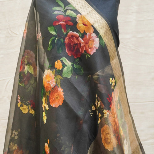 Black Pure Organza Silk Floral Print Banarasi Border Saree - Khinkhwab