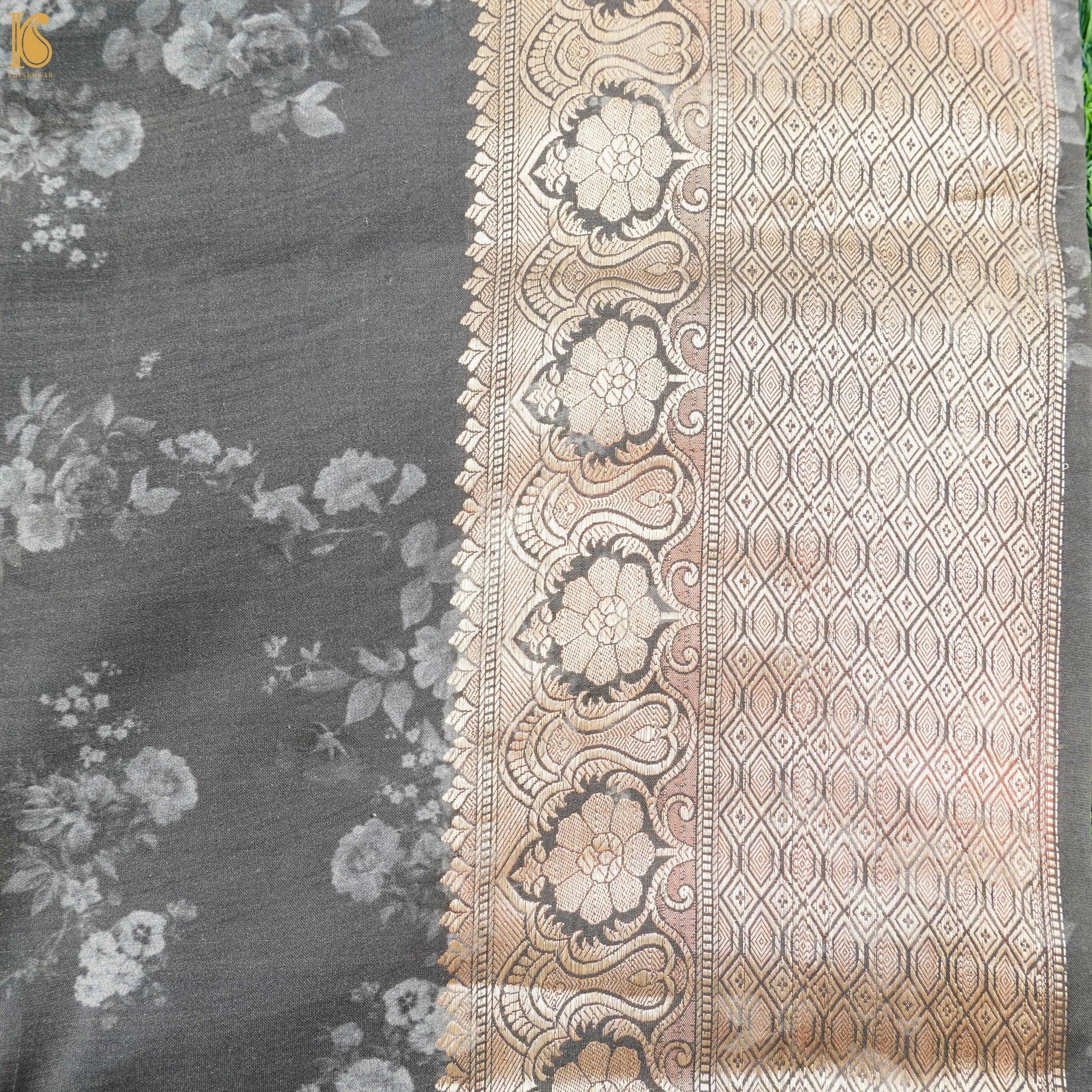 Black Pure Organza Silk Floral Print Banarasi Border Saree - Khinkhwab