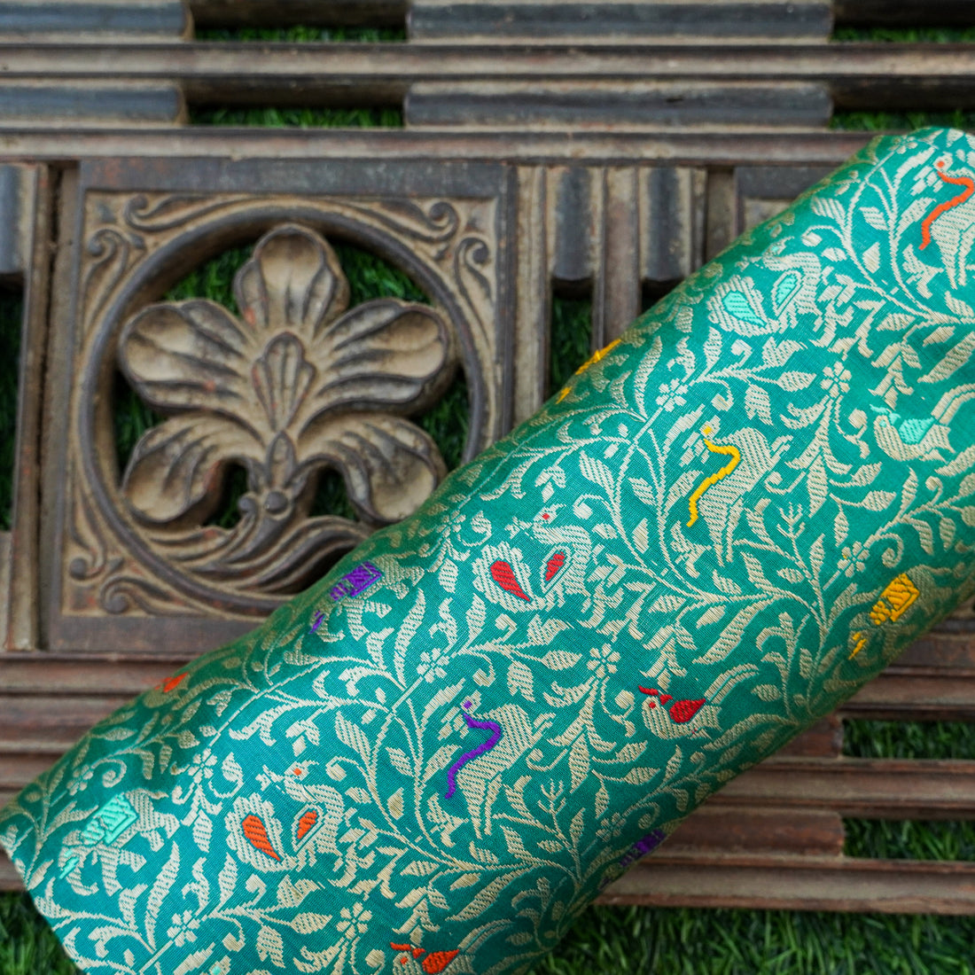 Persian Green Handwoven Pure Katan Silk Banarasi Shikargah Fabric - Khinkhwab