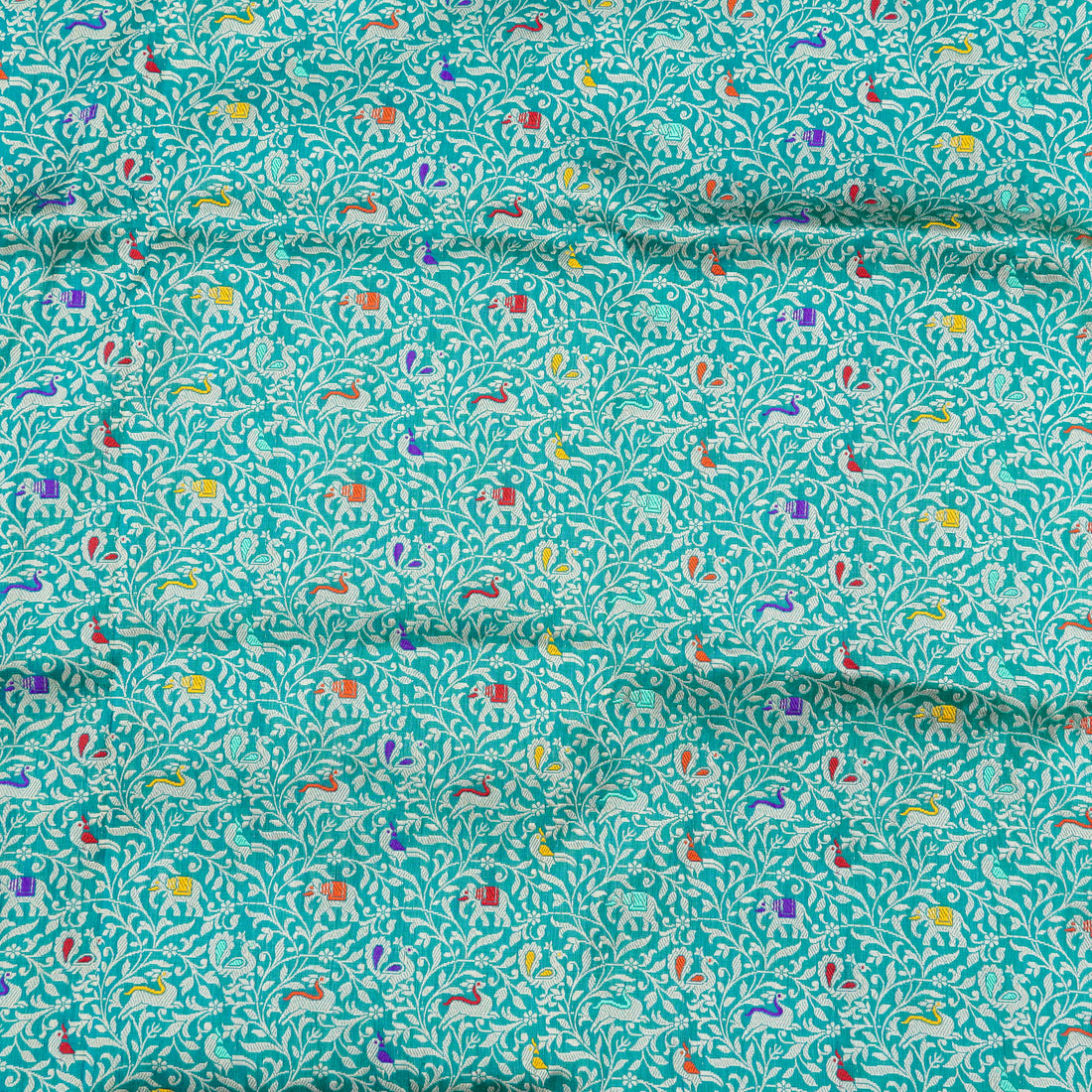 Persian Green Handwoven Pure Katan Silk Banarasi Shikargah Fabric - Khinkhwab