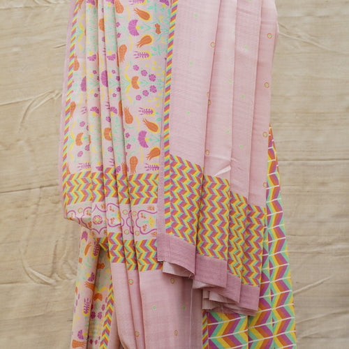 Lale - Melanie Pink Pure Crepe Silk Print Saree - Khinkhwab