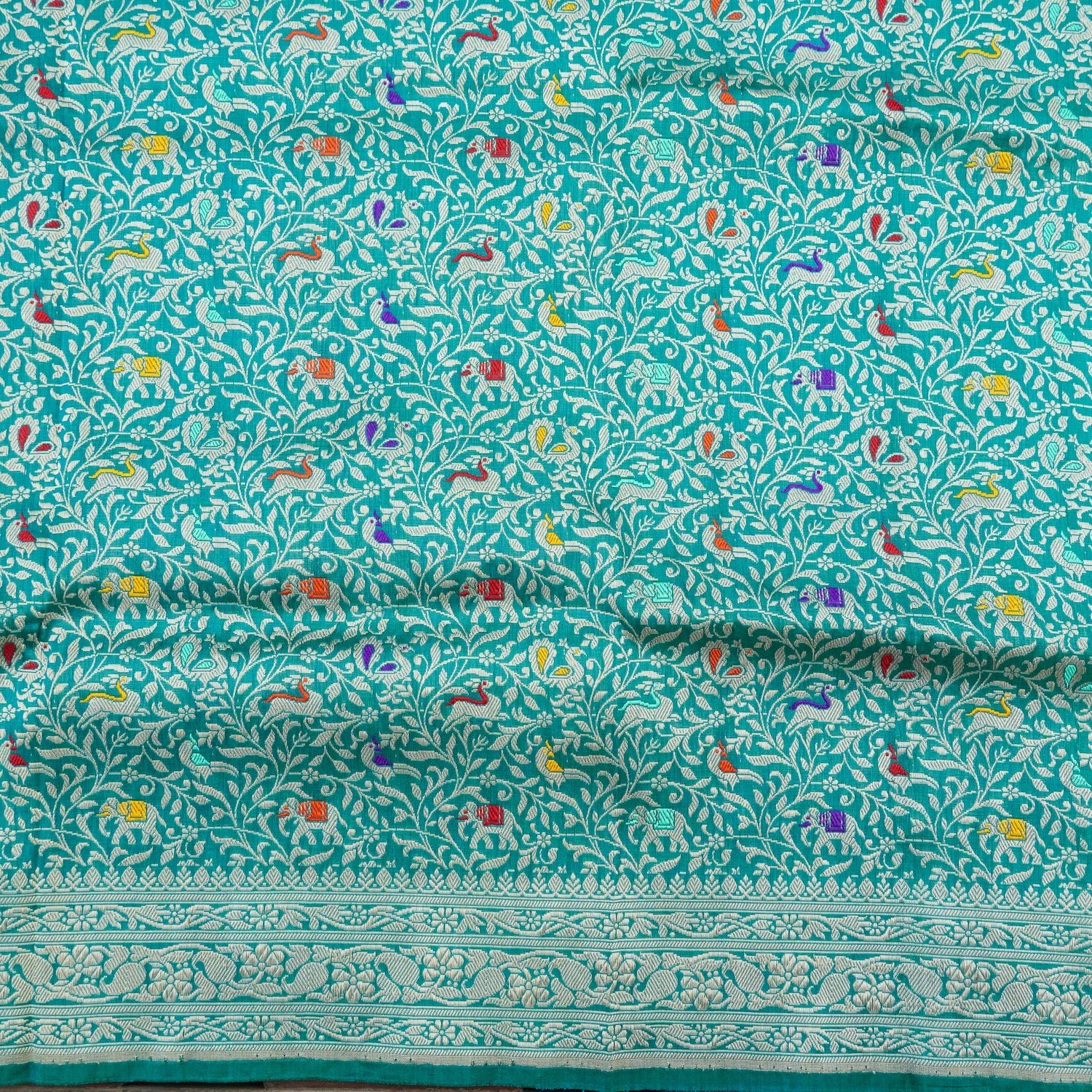 Persian Green Handwoven Pure Katan Silk Banarasi Shikargah Fabric - Khinkhwab