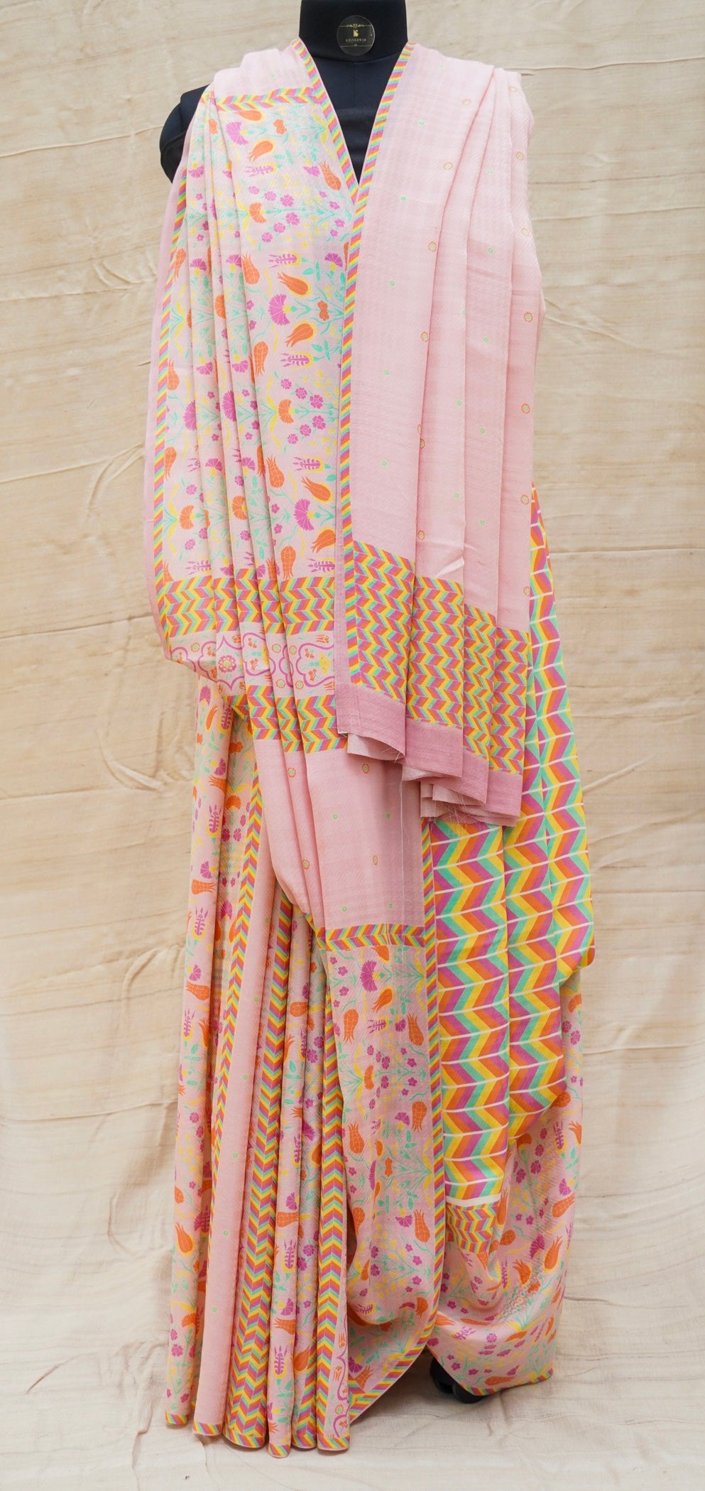 Lale - Melanie Pink Pure Crepe Silk Print Saree - Khinkhwab