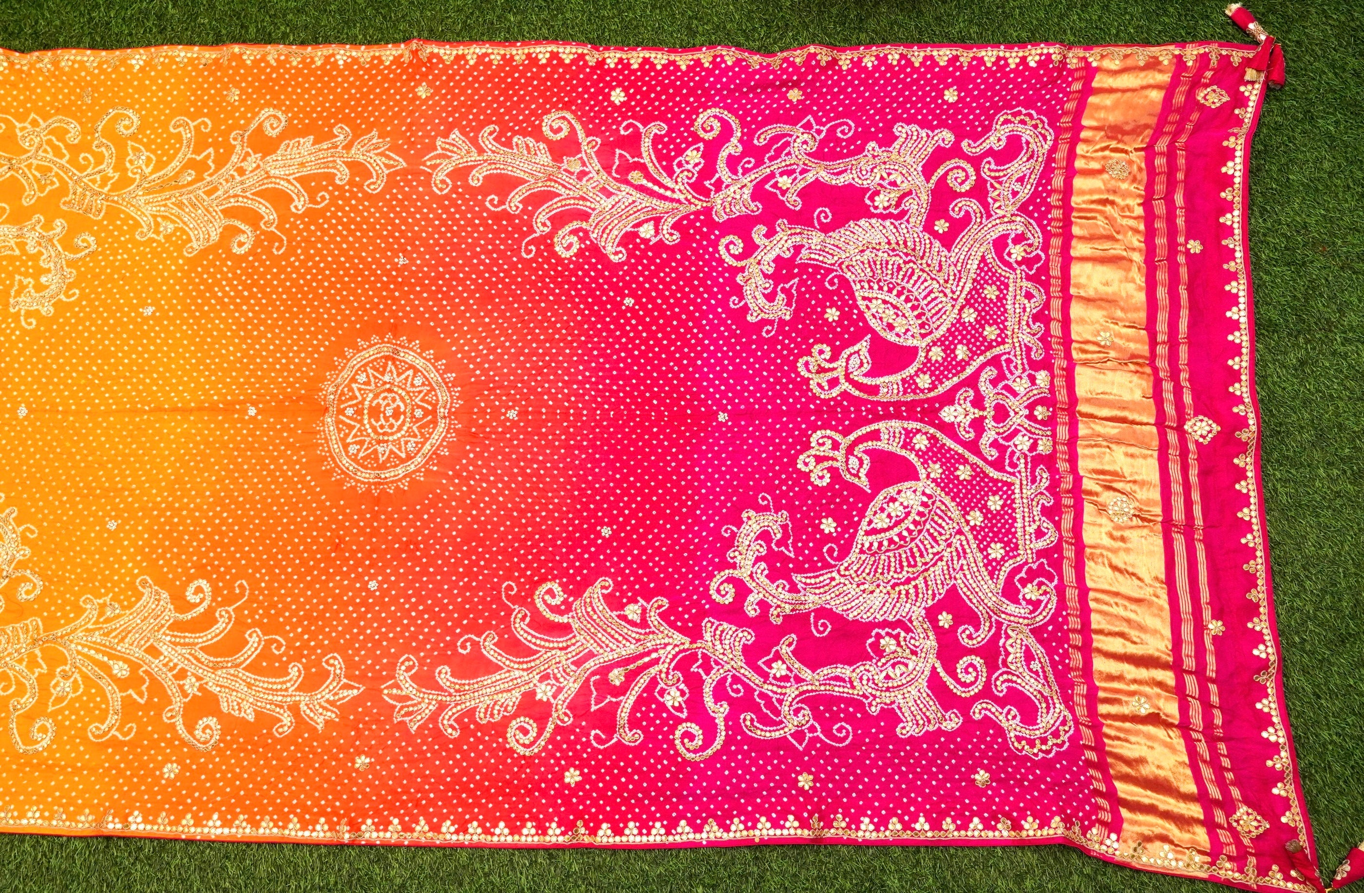 Orange &amp; Pink Pure Gajji Silk Bandhani Gotta Patti Peacock Dupatta - Khinkhwab