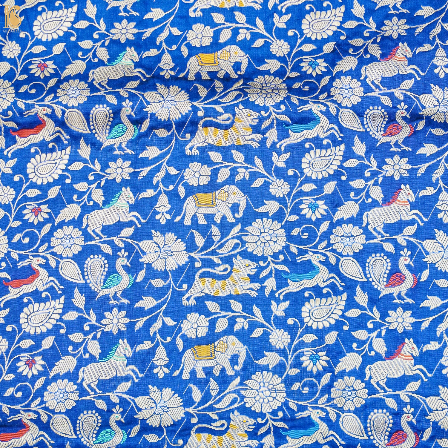 Handwoven Royal Blue Pure Katan Silk Banarasi Shikargah Fabric - Khinkhwab