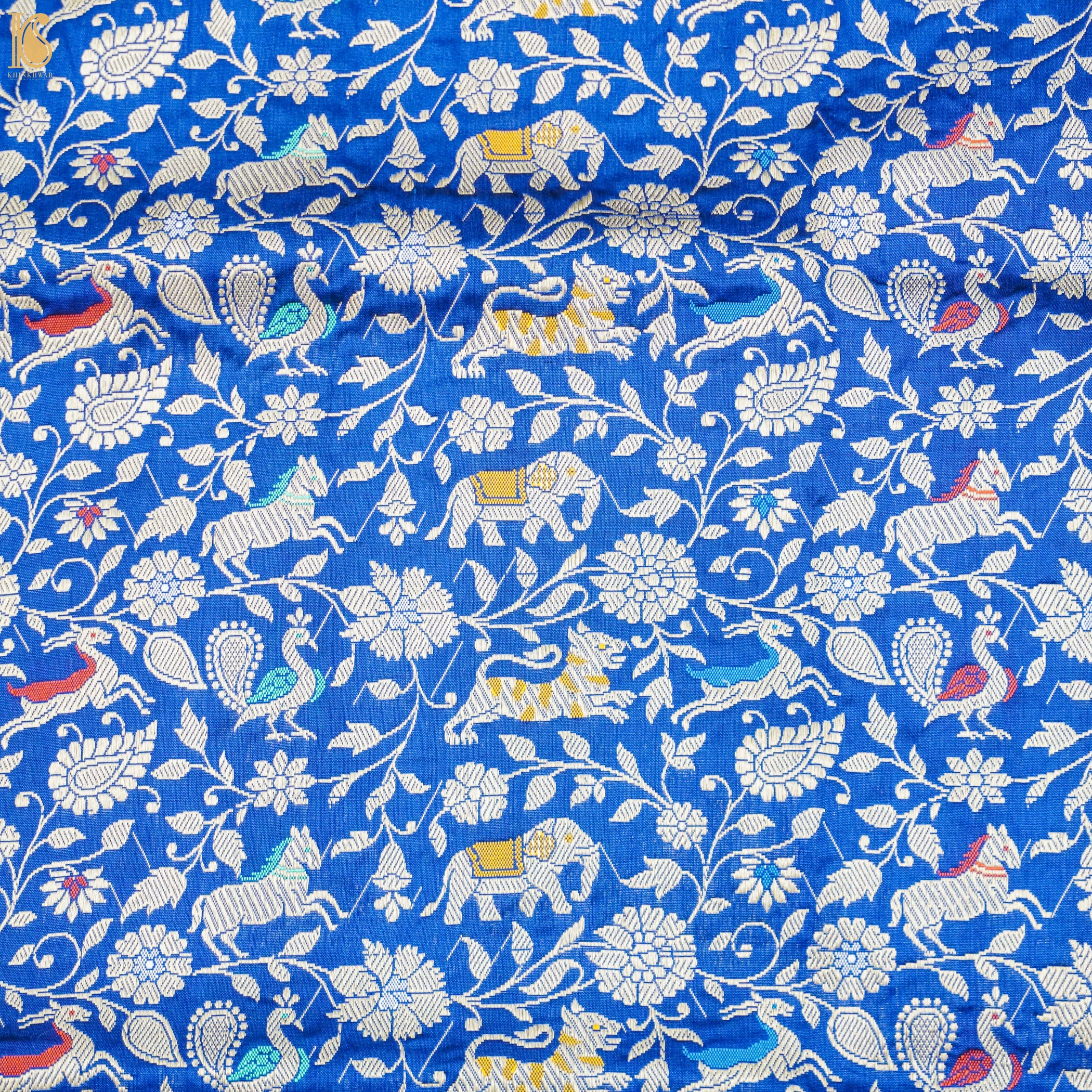 Handwoven Royal Blue Pure Katan Silk Banarasi Shikargah Fabric - Khinkhwab
