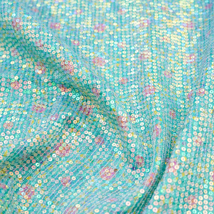 Jhilmil KARANFİL - Turquoise Pure Raw Silk Print with Sequence Fabric - Khinkhwab
