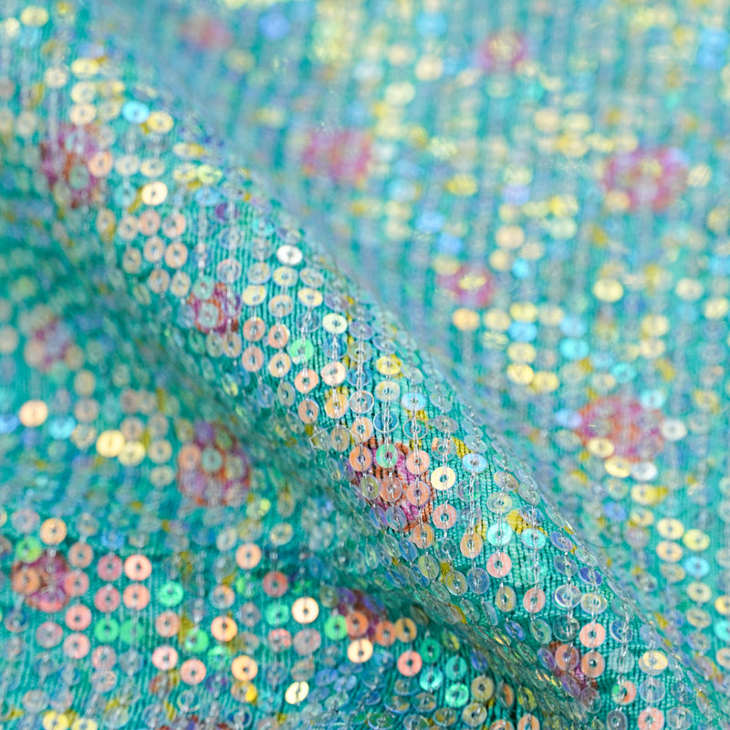 Jhilmil KARANFİL - Turquoise Pure Raw Silk Print with Sequence Fabric - Khinkhwab