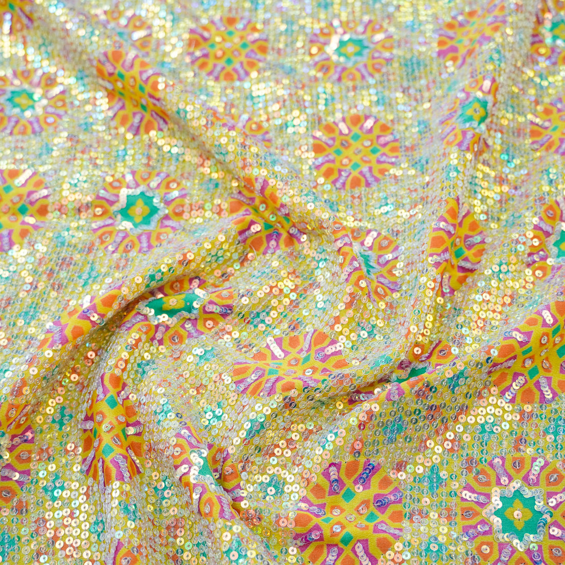 Jhilmil NİLÜFER - Yellow Pure Sateen Silk Print with Sequence Fabric - Khinkhwab