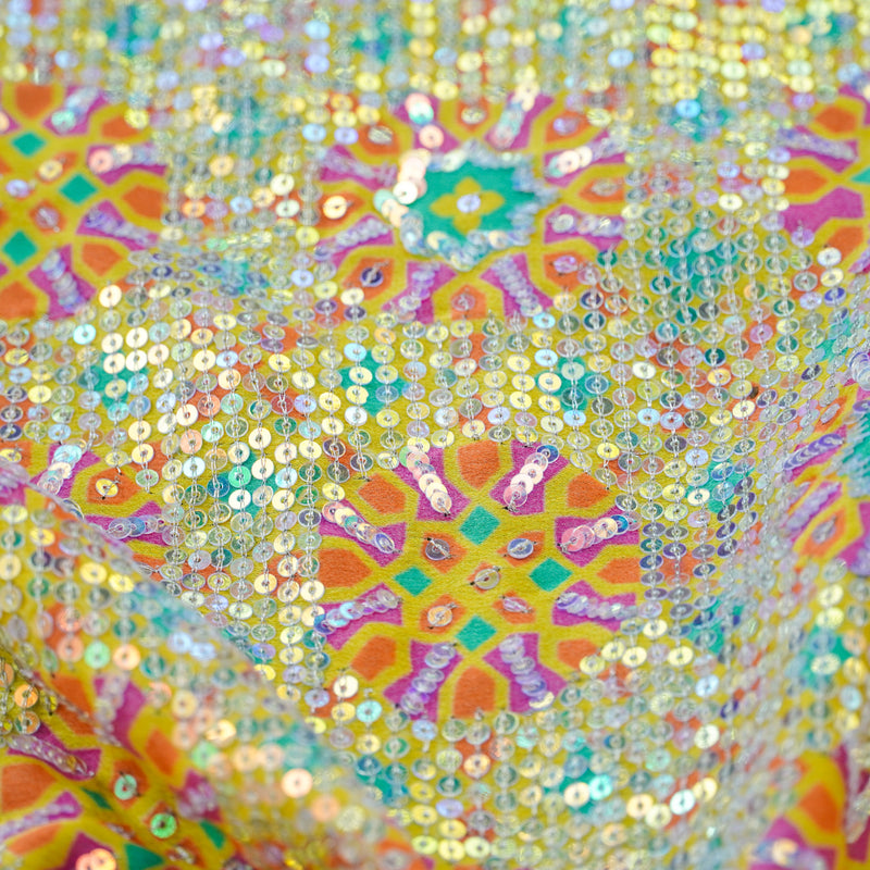 Jhilmil NİLÜFER - Yellow Pure Sateen Silk Print with Sequence Fabric - Khinkhwab