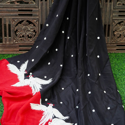 Handcrafted Parsi Gara Pure Crepe Swan Kurta Fabric - Khinkhwab