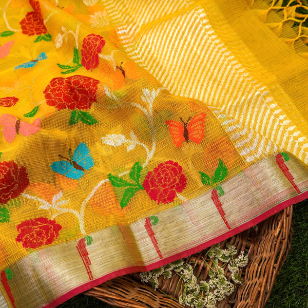 Gamboge Yellow Handwoven Real Zari Kota Silk Jaal Dupatta - Khinkhwab