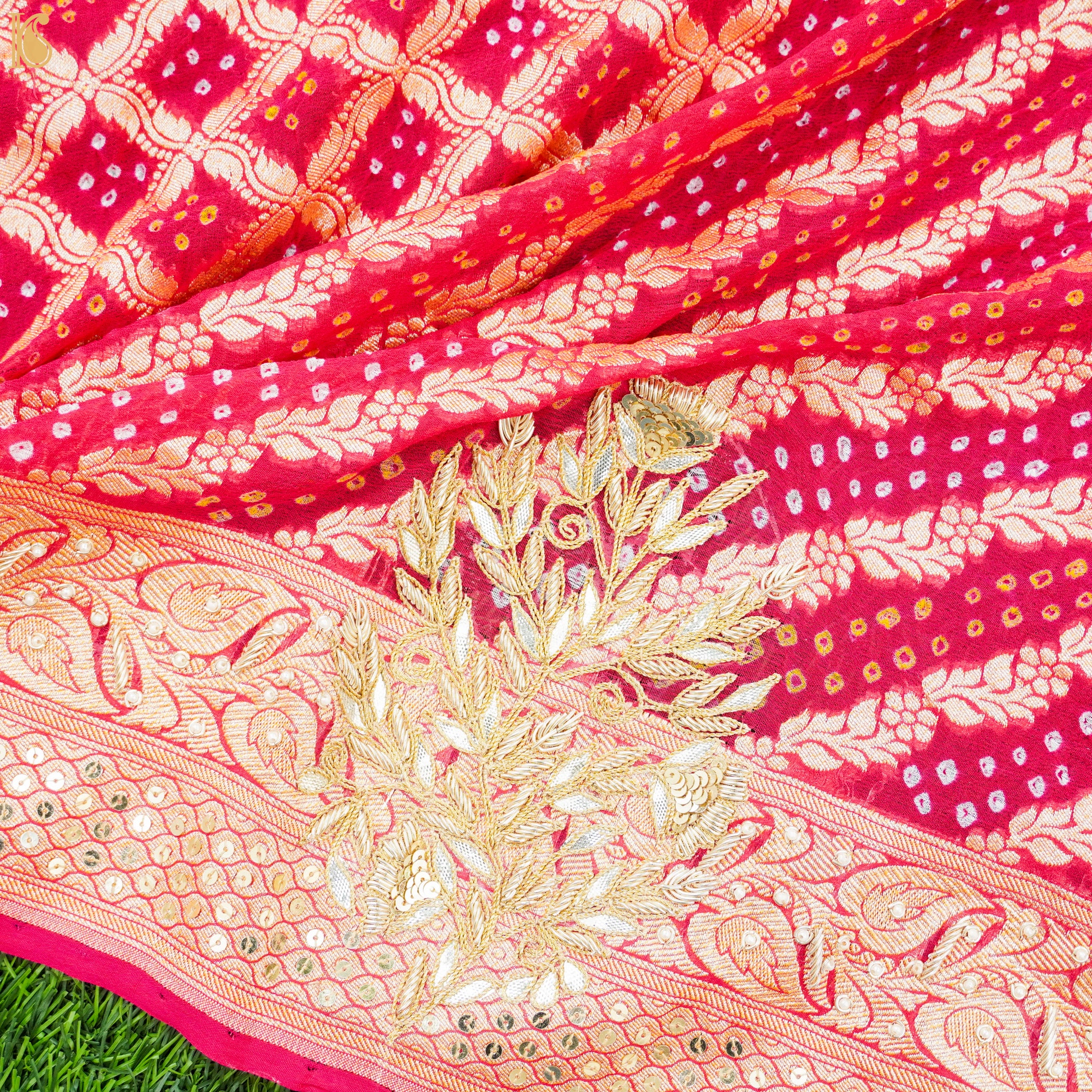 Pink Hand Embroidered Pure Georgette Bandhani Blouse Fabric - Khinkhwab