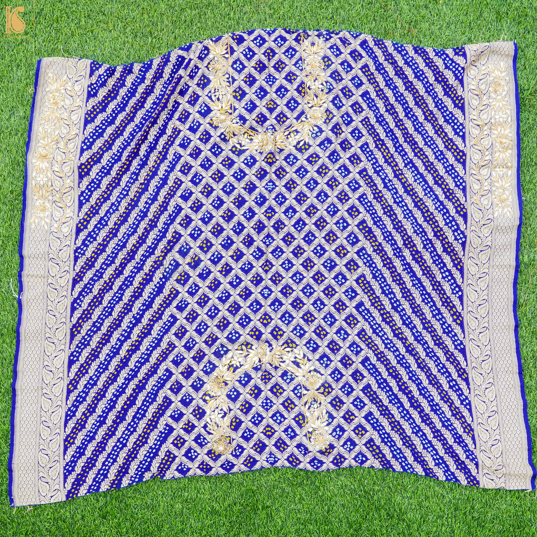 Blue Hand Embroidered Pure Georgette Bandhani Blouse Fabric - Khinkhwab