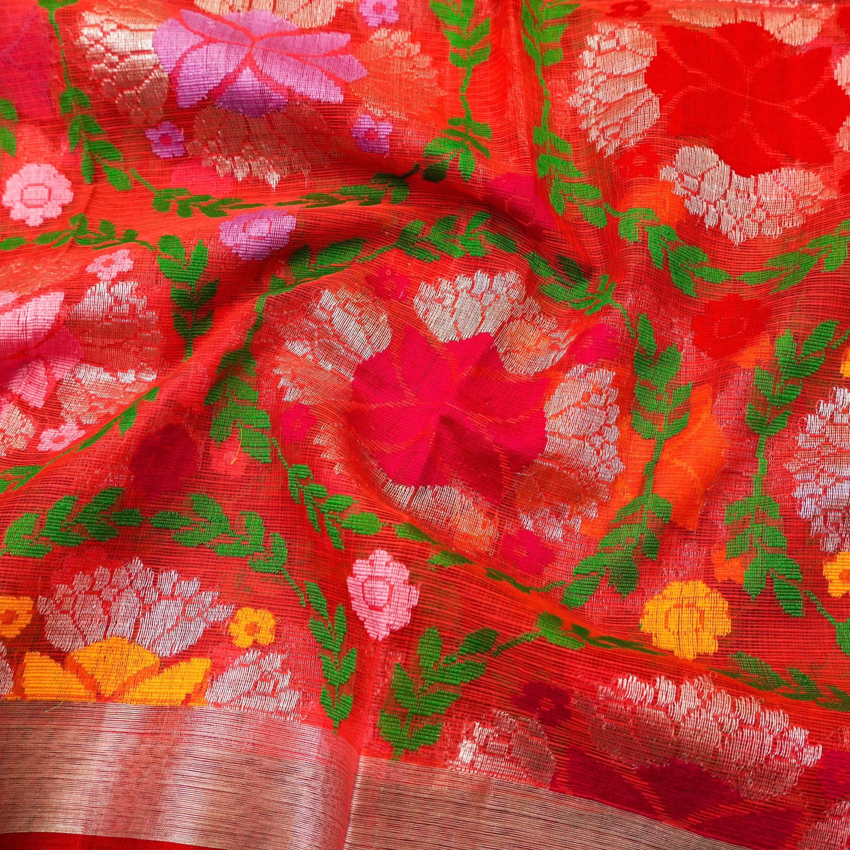 Reddish Orange Handwoven Real Zari Kota Silk Jaal Dupatta - Khinkhwab