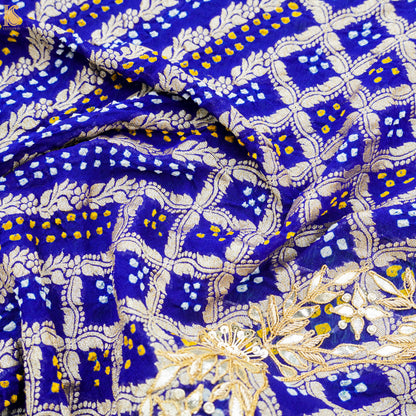 Blue Hand Embroidered Pure Georgette Bandhani Blouse Fabric - Khinkhwab